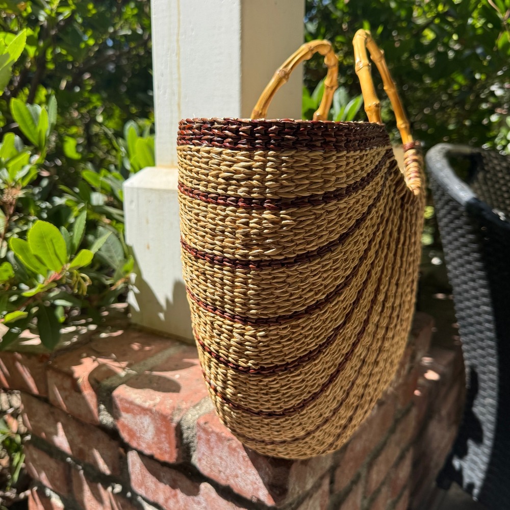 United Colors of Benetton Woven Straw Fan Tote Bag Bamboo Handles Beige Brown - Picture 3 of 8
